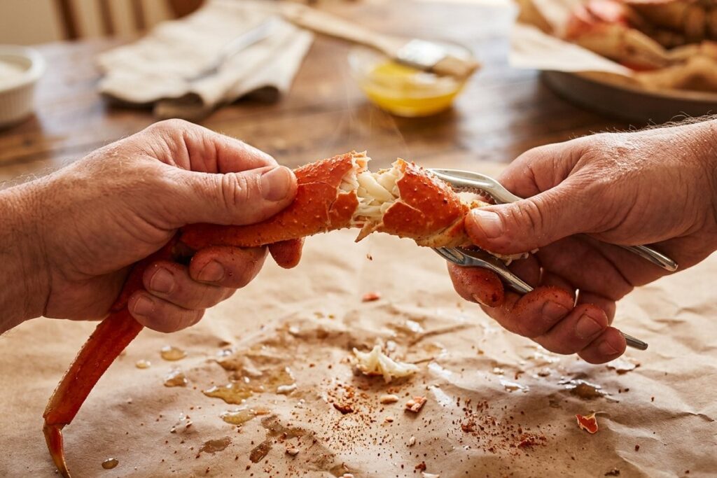 Hands cracking open a snow crab leg over brown paper