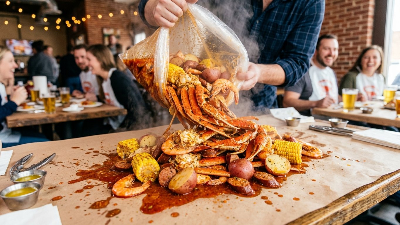 A steaming boil bag of crab legs, shrimp, corn, potatoes and sausage poured onto a paper-covered table